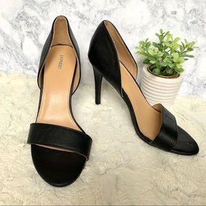 Express black faux leather open side strap heels